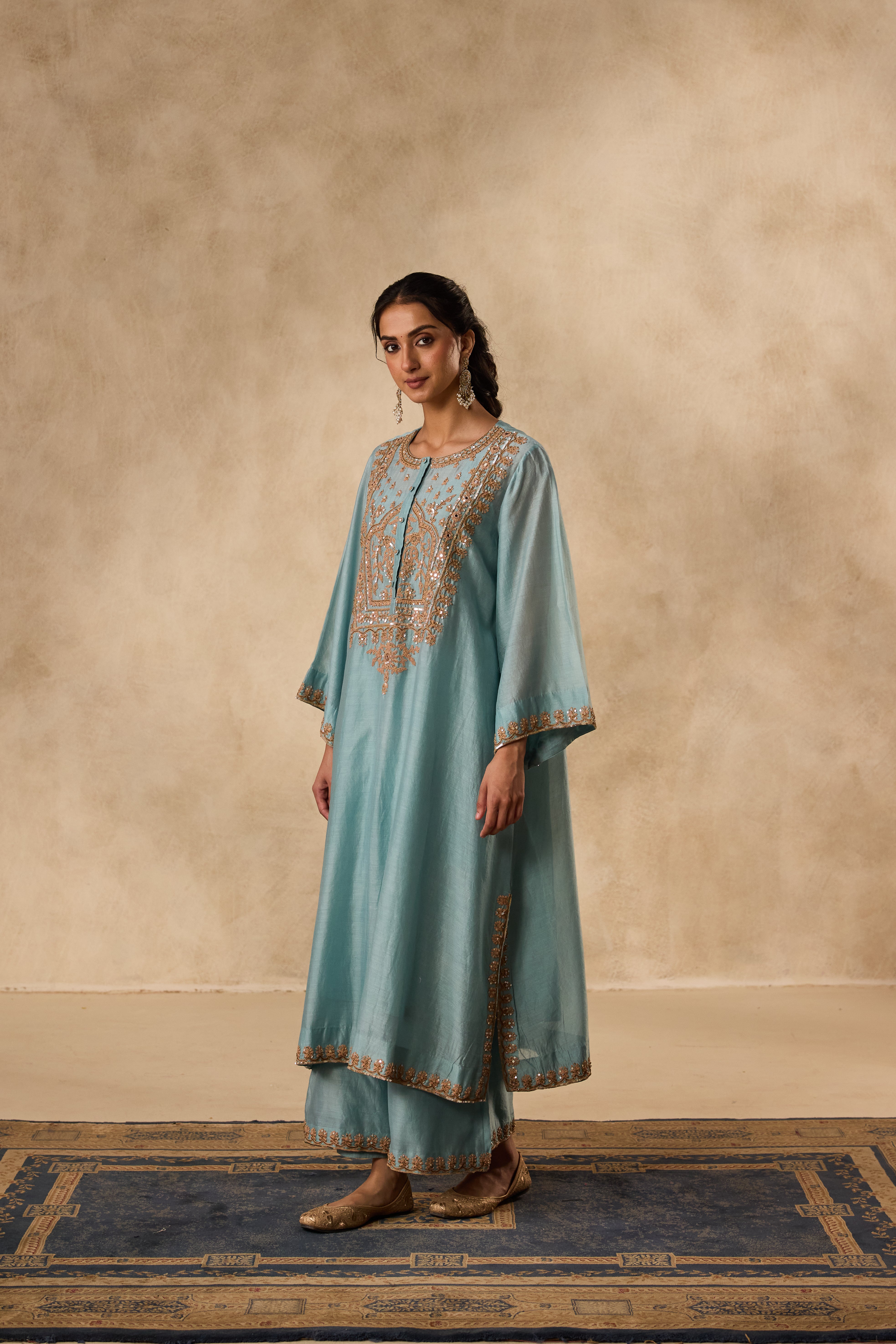 SKY BLUE A-LINE DORI & RESHAM EMBROIDERED CHANDERI KURTA WITH ORGANIC COTTON SLIP, MATCHING PANT & ORGANZA DUPATTA