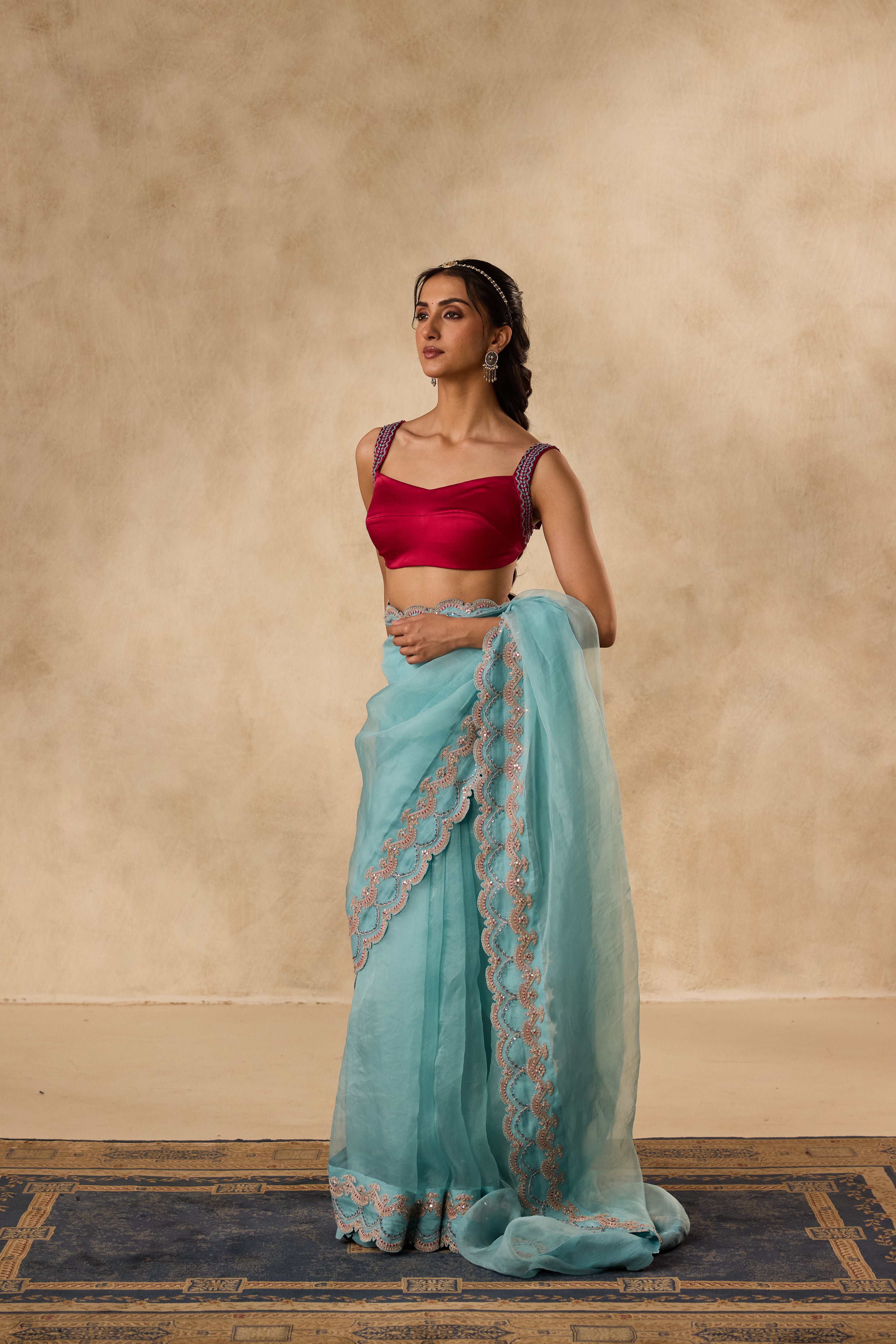 Fuchsia satin silk embroidered blouse