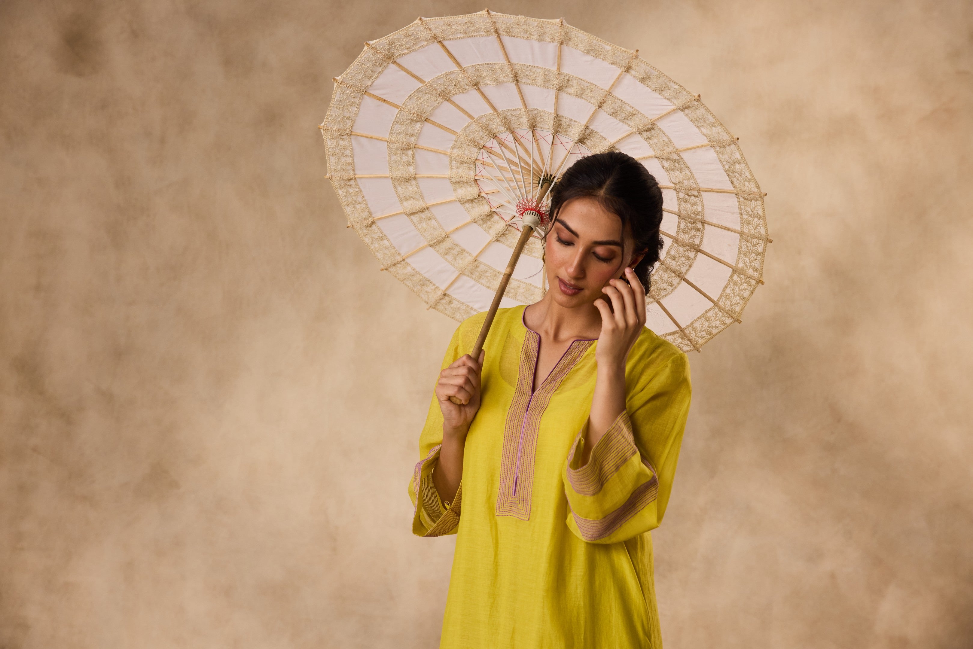 Lime yellow & Purple chanderi resham embroidered tunic paired with organic cotton slip and pant
