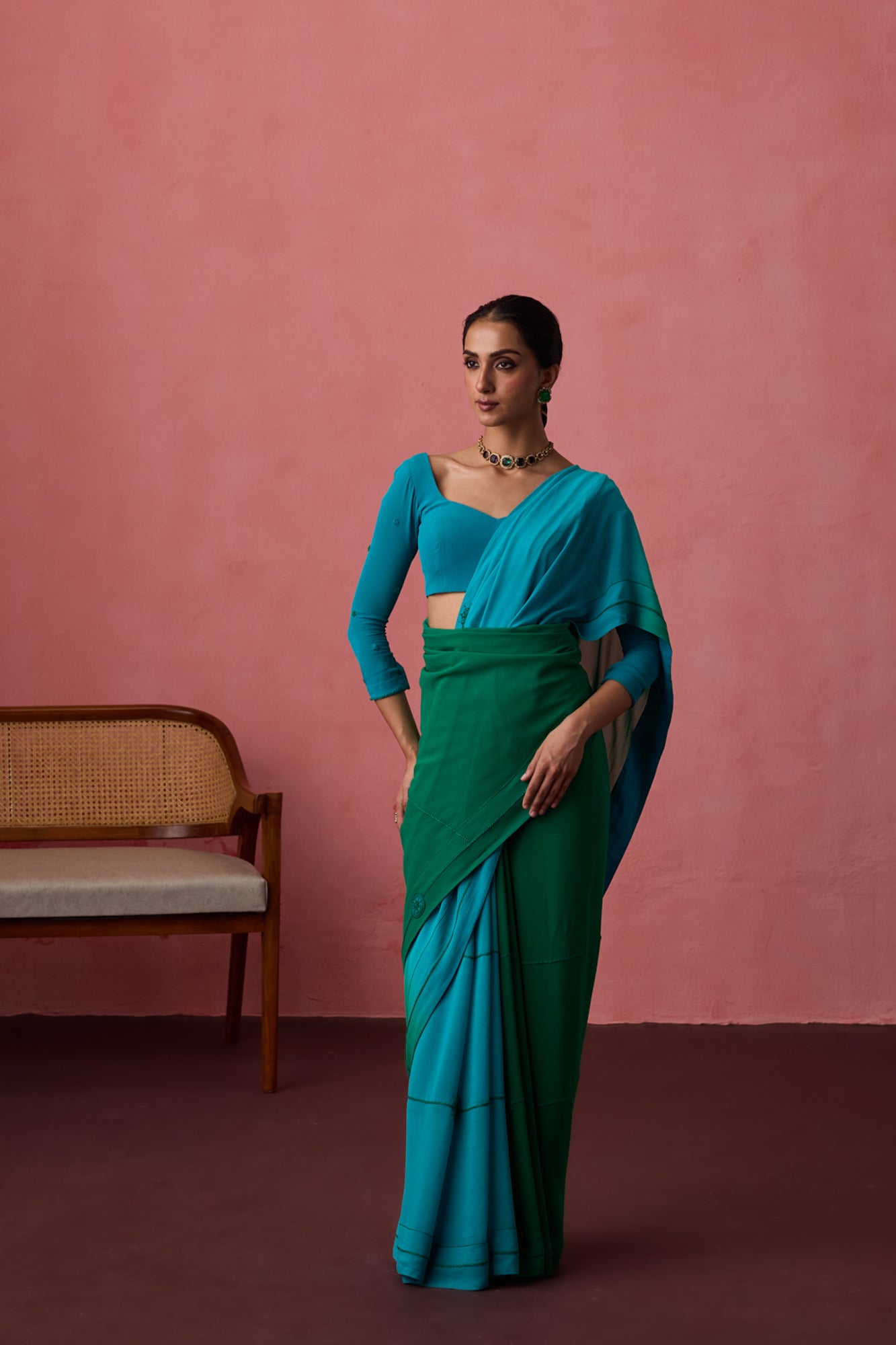 Turquoise ombre georgette embroidered saree paired with unstitched & unembroidered blouse fabric