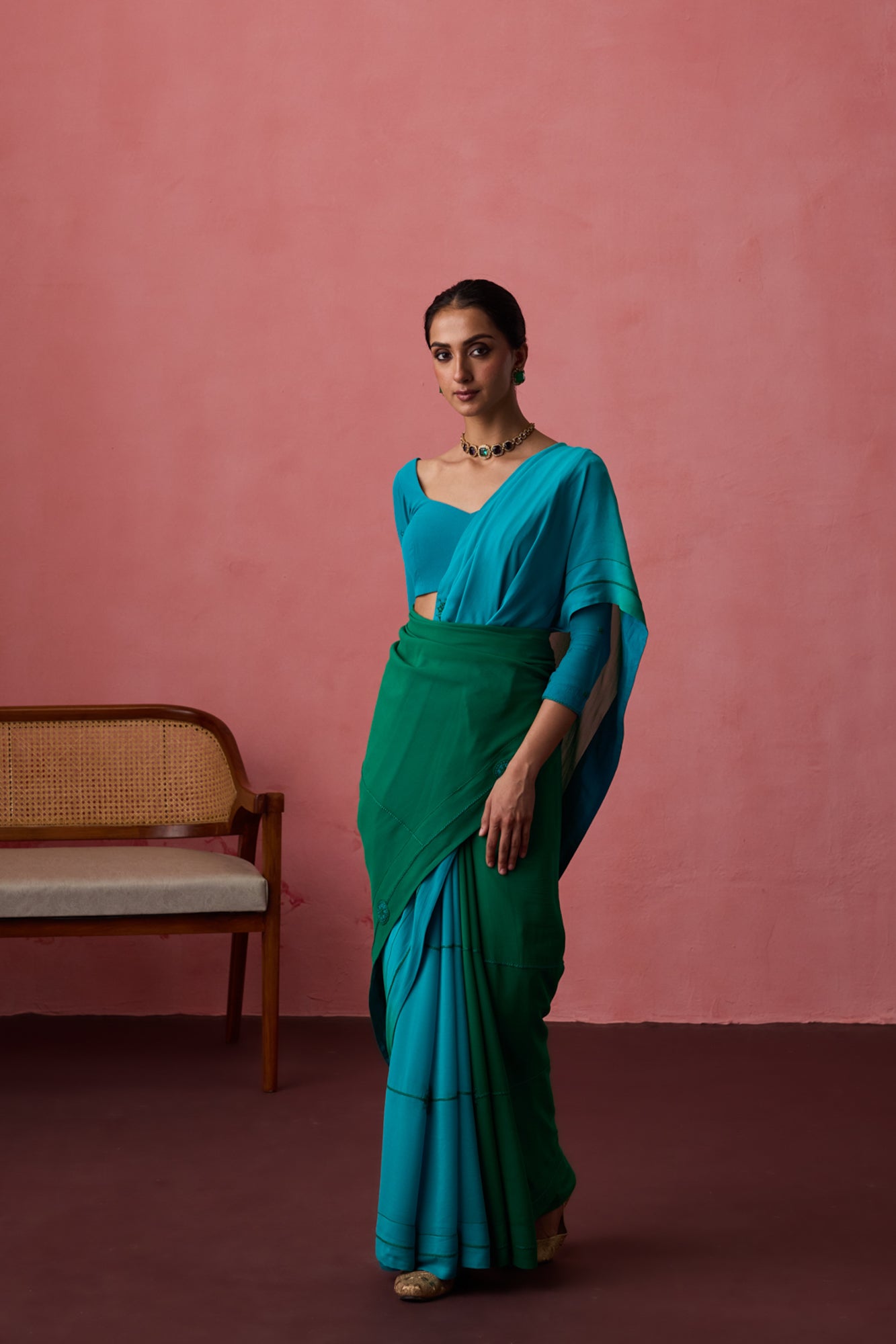 Turquoise ombre georgette embroidered saree paired with unstitched & unembroidered blouse fabric