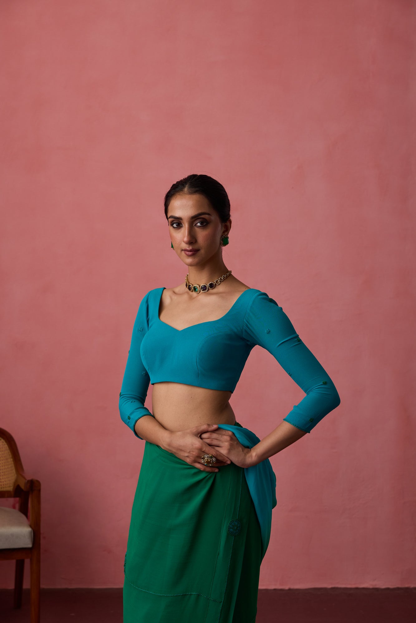 TURQUOISE GEORGETTE CROSS STITCH EMBROIDERED BLOUSE