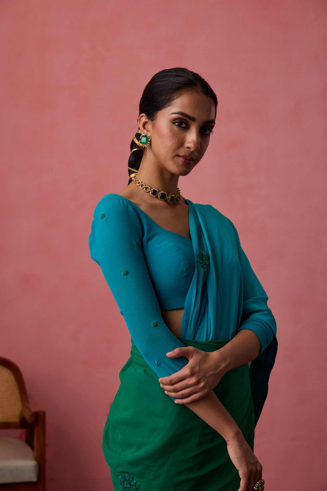 Turquoise ombre georgette embroidered saree paired with unstitched & unembroidered blouse fabric