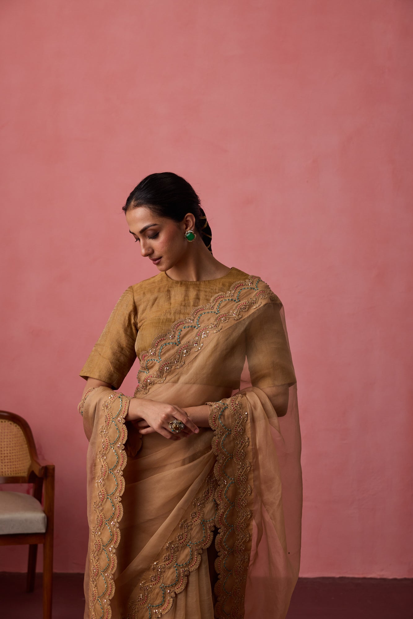 Golden organza dori & resham embroidered saree  paired with unstitched & unembroidered blouse fabric