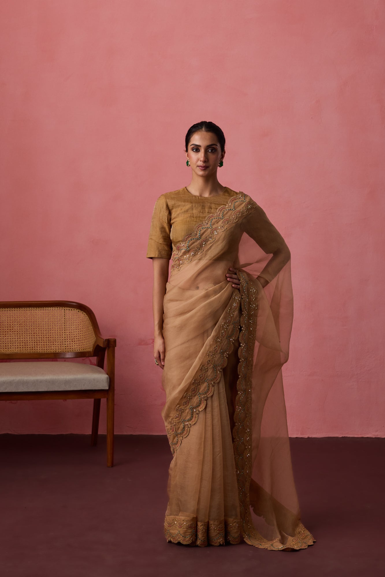 Golden organza dori & resham embroidered saree  paired with unstitched & unembroidered blouse fabric