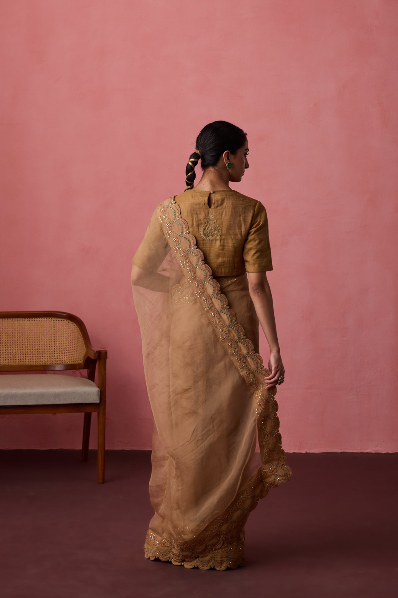Golden organza dori & resham embroidered saree  paired with unstitched & unembroidered blouse fabric
