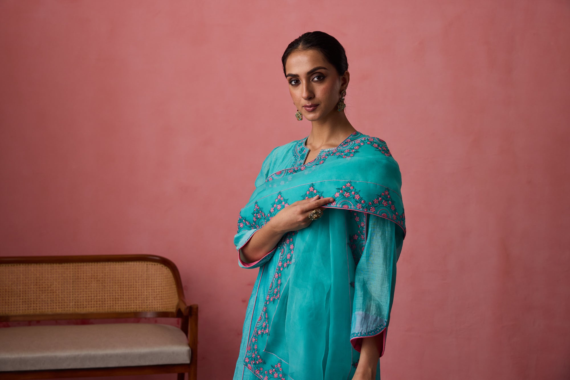 Sky blue - Pink embroidered chanderi kurta paired with pants & organza heavy border dupatta