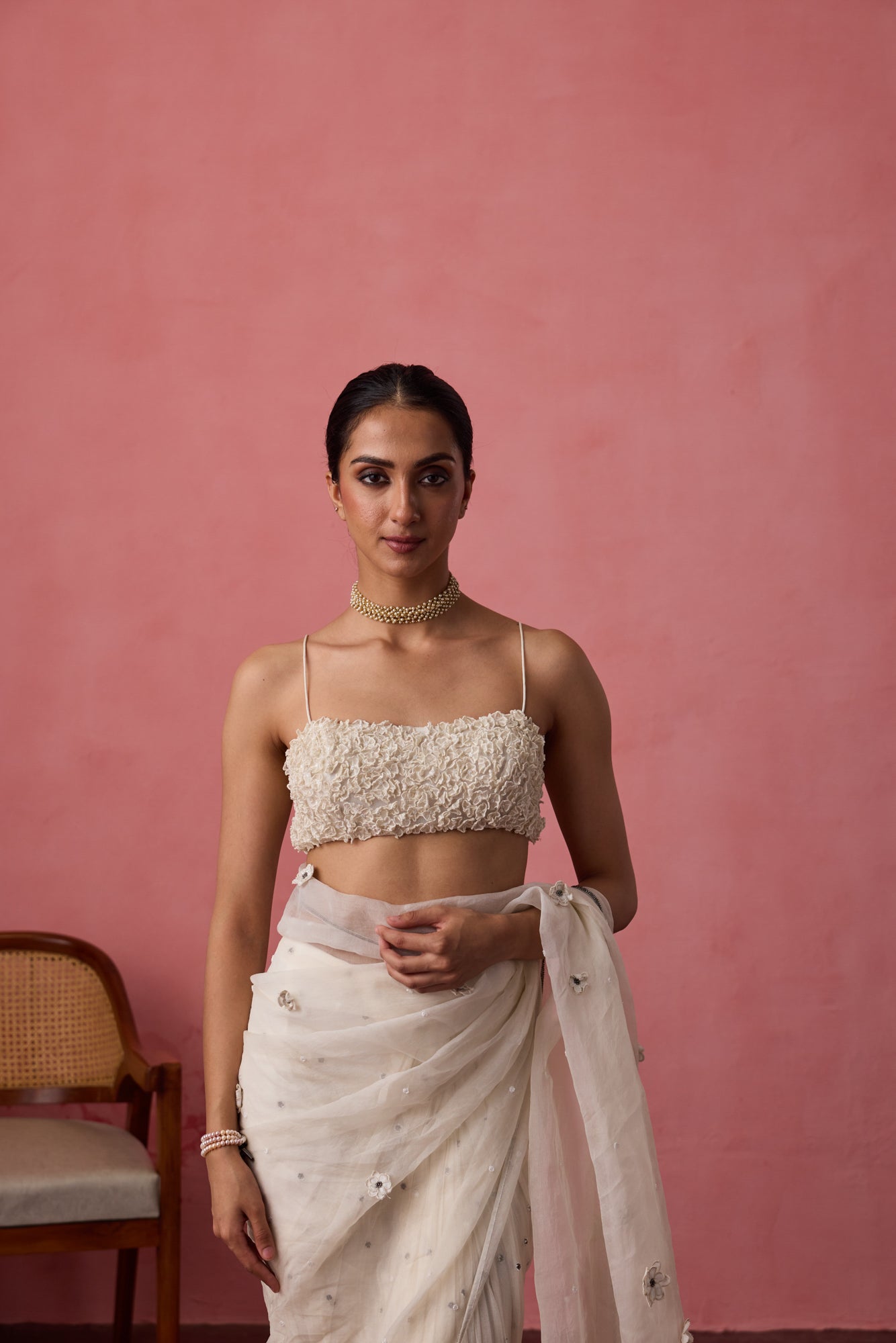 White Soft net flower embroidered Blouse