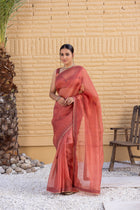 Rust Organza Saree Comes With Embroidered Blouse